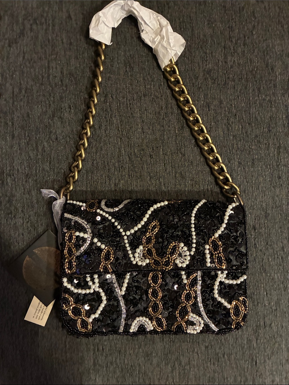 Embellished Beaded Sequin Shoulder Bag with Gold Chain